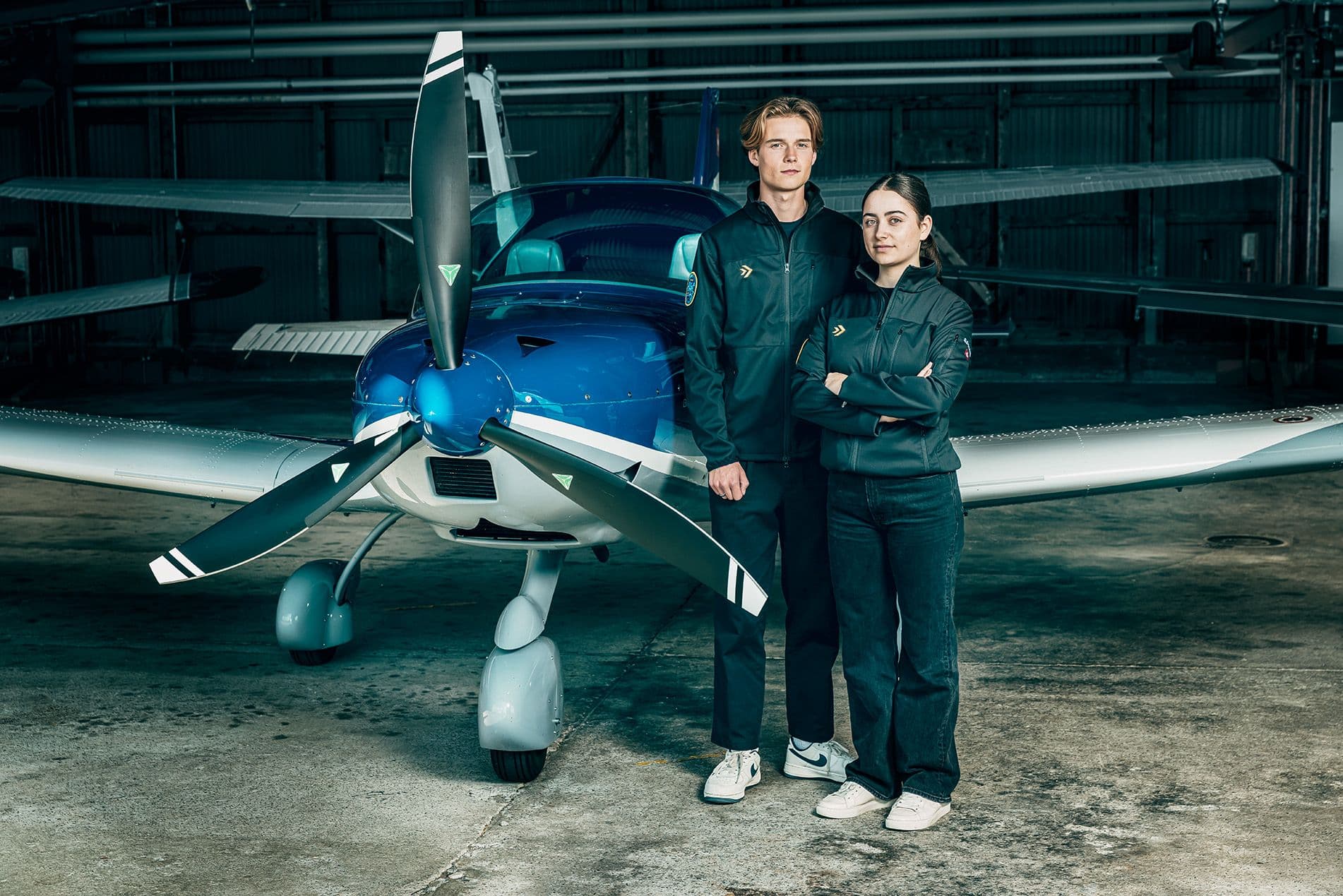 alpaviation SPHAIR team with Bristell at Bern-Belp hangar